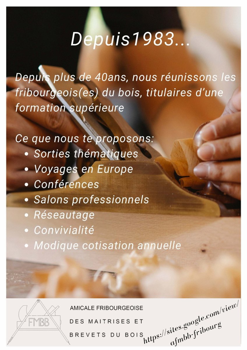 Ancien flyer AFMBB : texte blanc sur photographie d'atelier