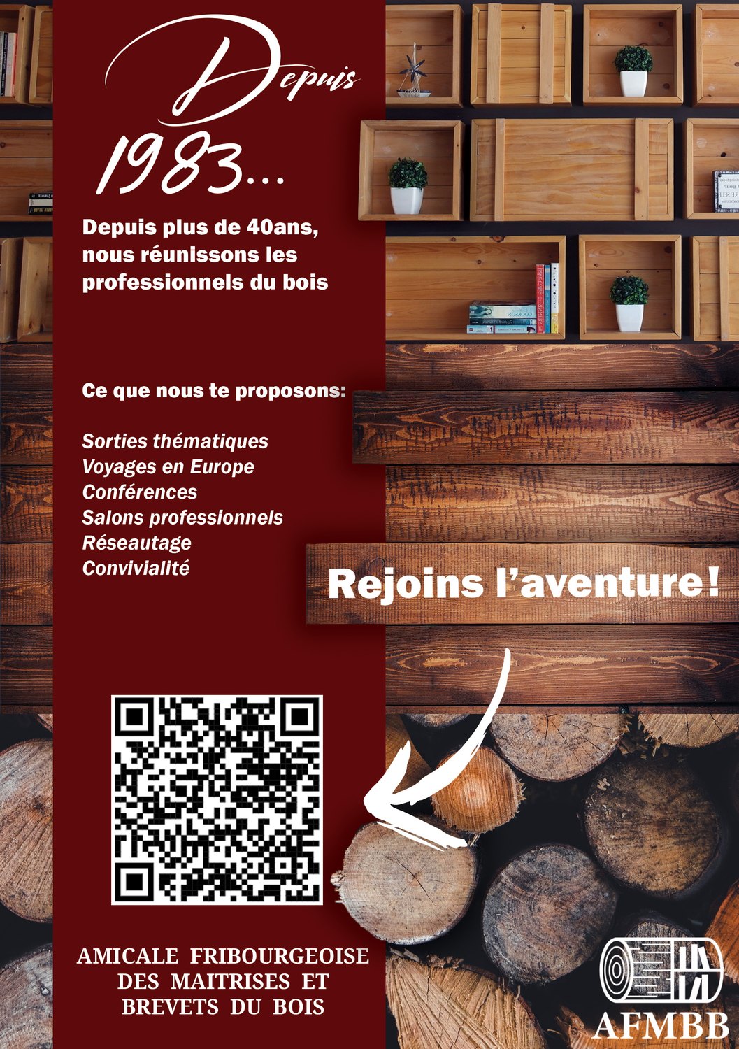 Flyer de recrutement AFMBB, bandeau bordeaux et photographies de bois