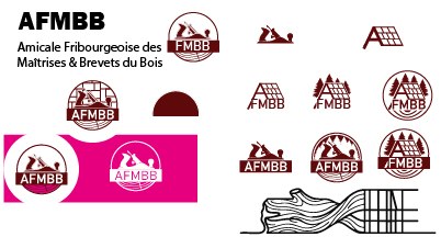 Planche de recherches AFMBB : chalets, charpentes, sapins, scieur, et le rondin final
