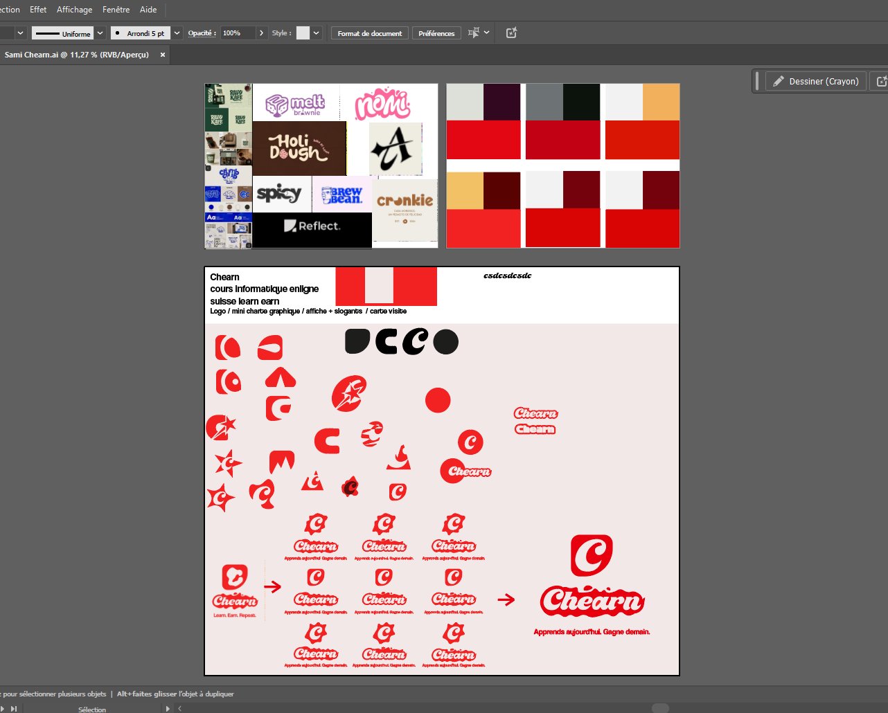 Plan de travail Illustrator : recherches de monogramme Chearn et tests de rouges