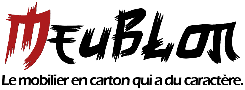 Logotype Meublon avec sa baseline, M rouge et reste en noir