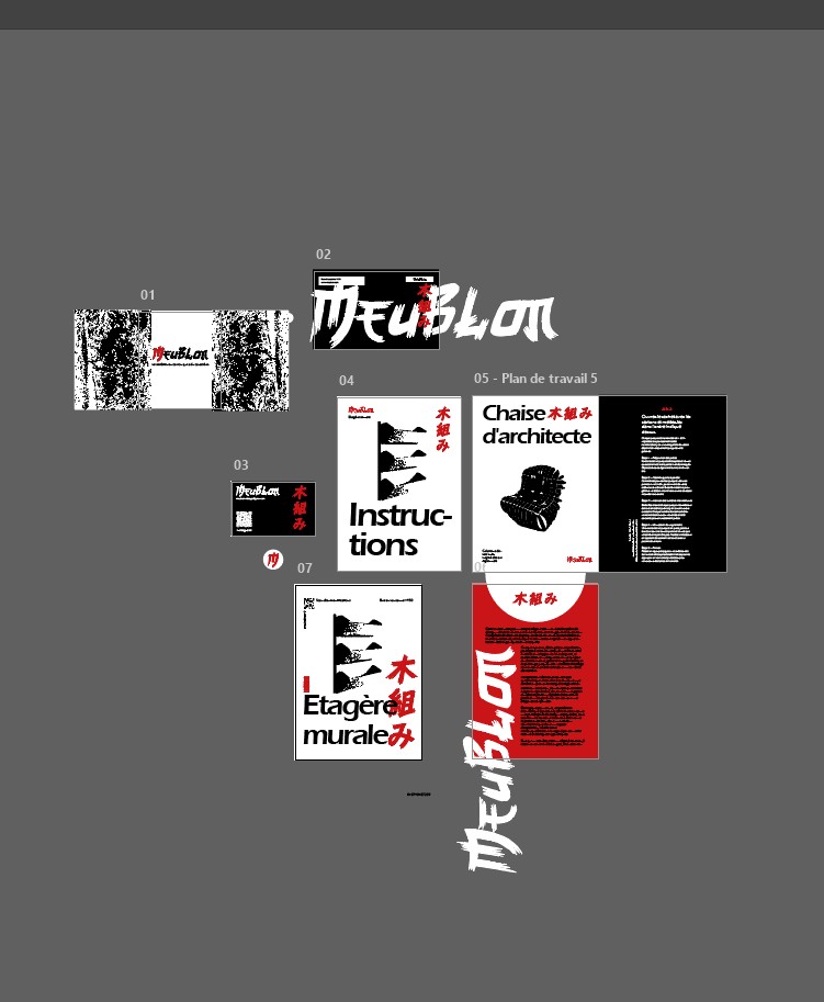 Plan de travail Illustrator de Meublon avec toutes les planches numérotées