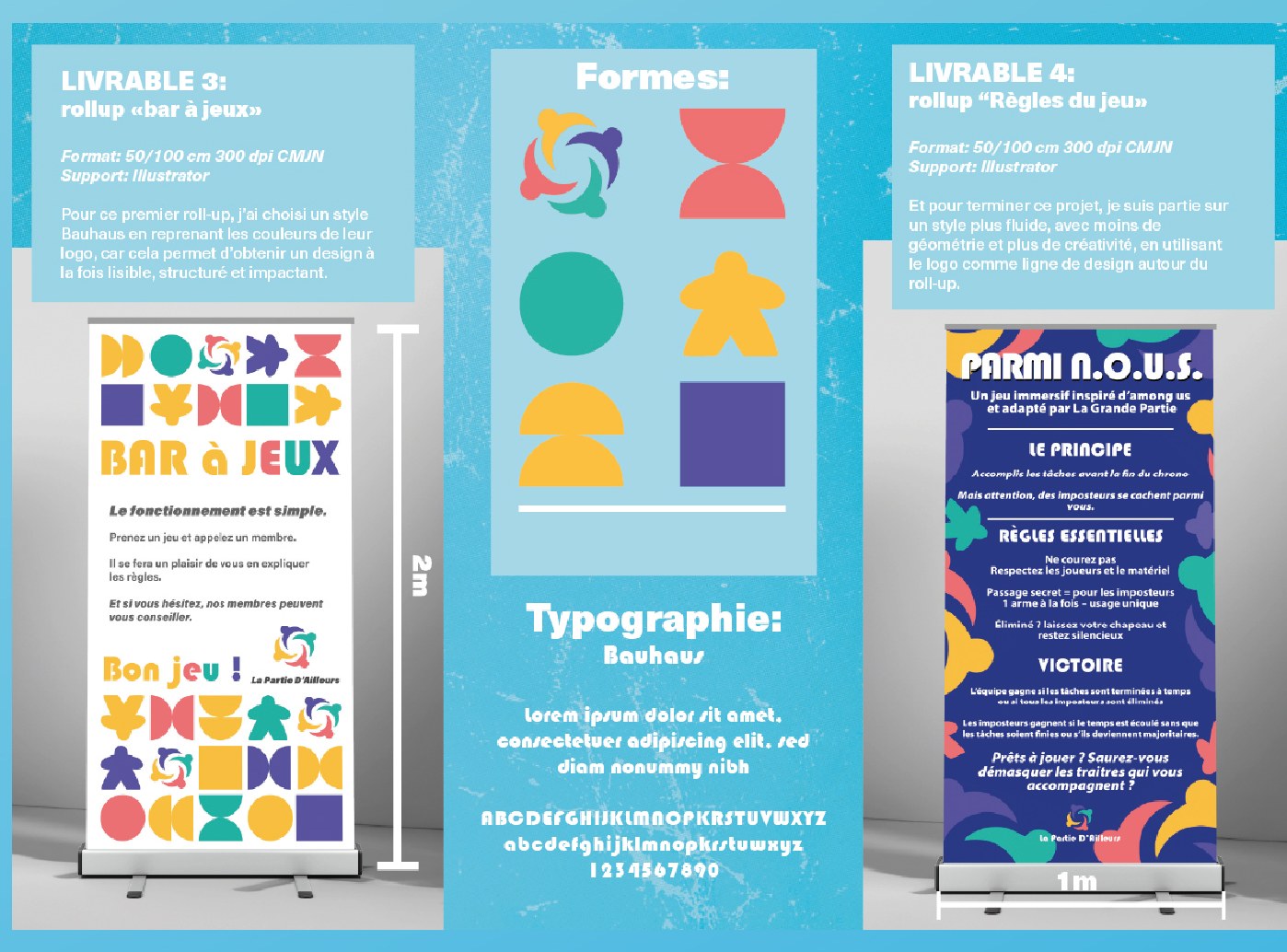 Planche de présentation, livrables 3 et 4, formes et typographie