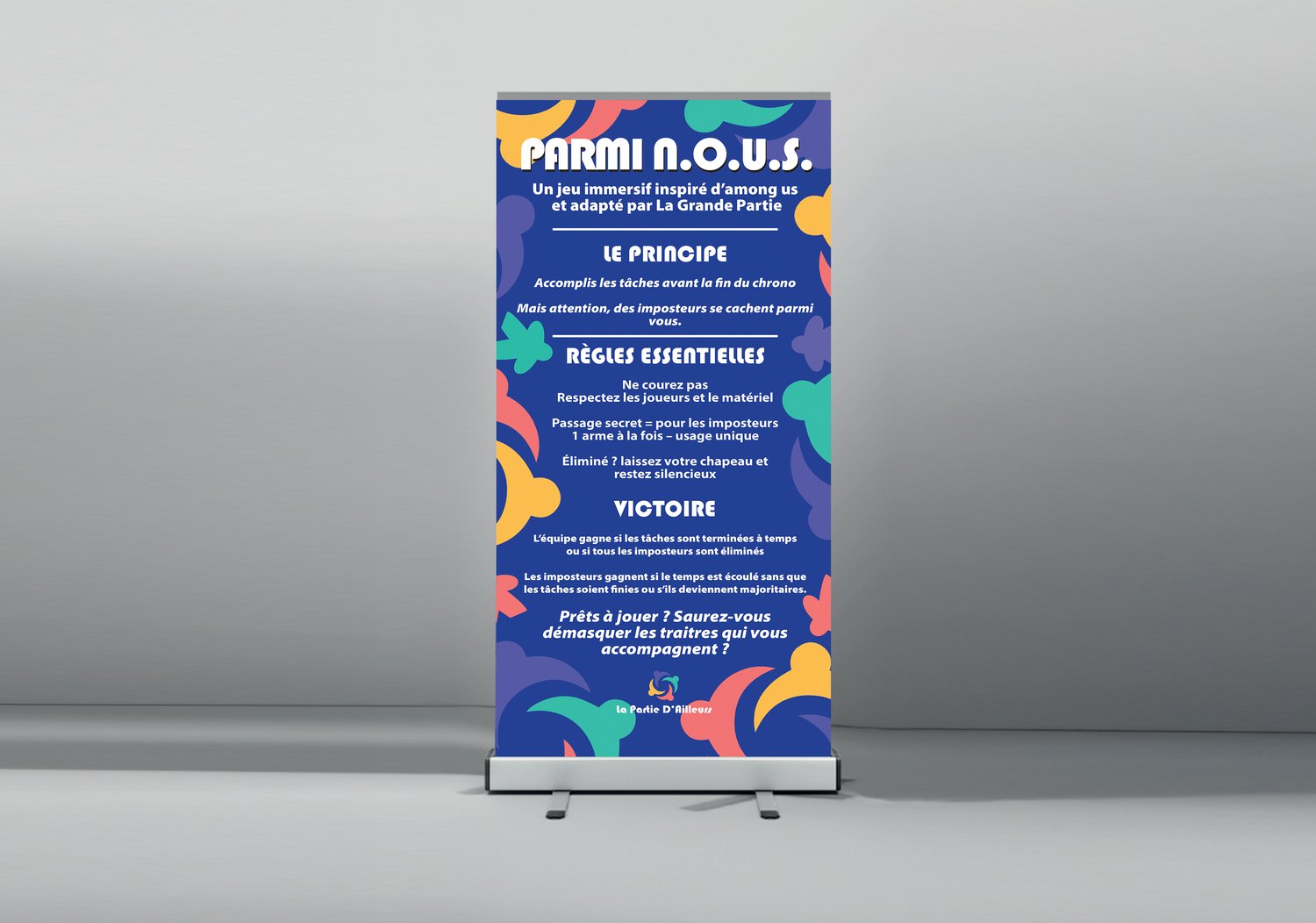 Roll-up Parmi N.O.U.S., règles du jeu sur fond bleu