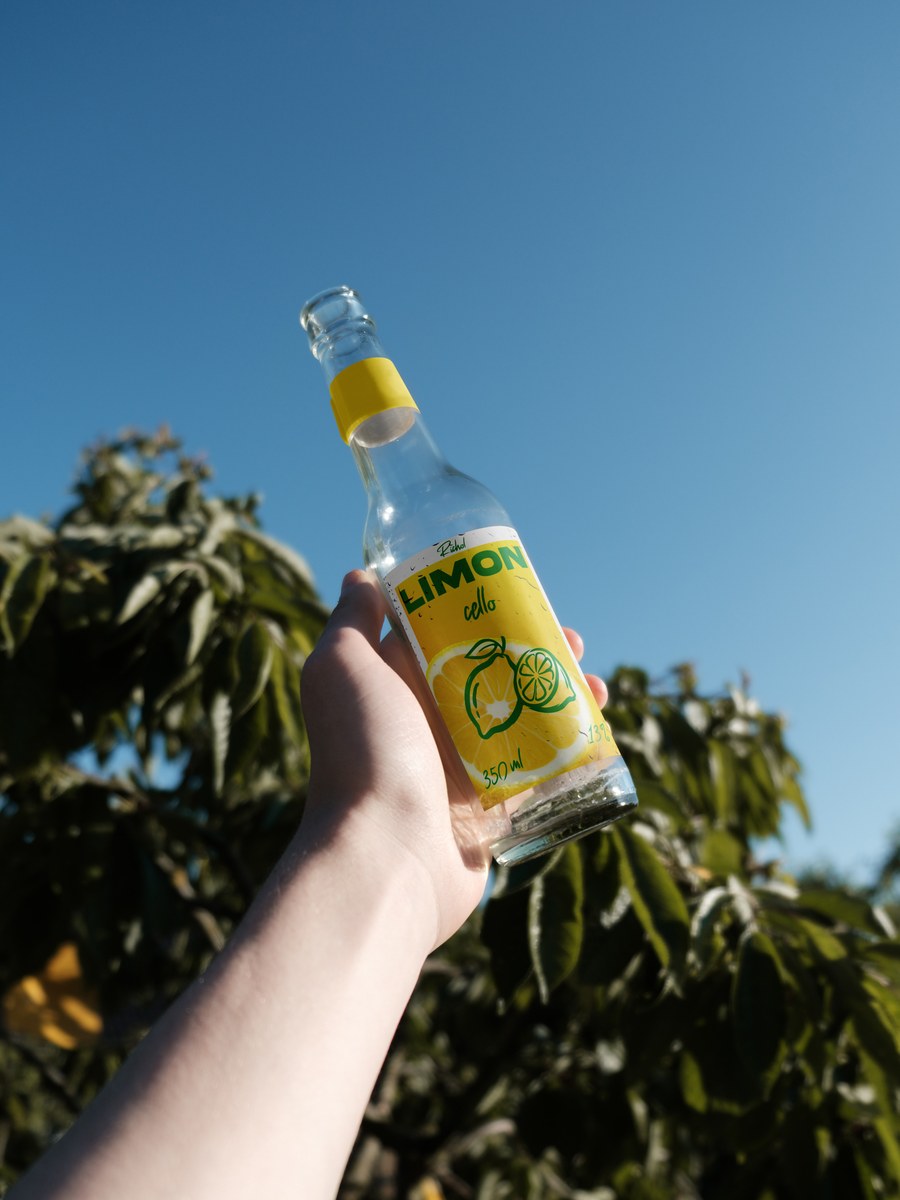 Bouteille de limoncello Richol tenue contre le ciel
